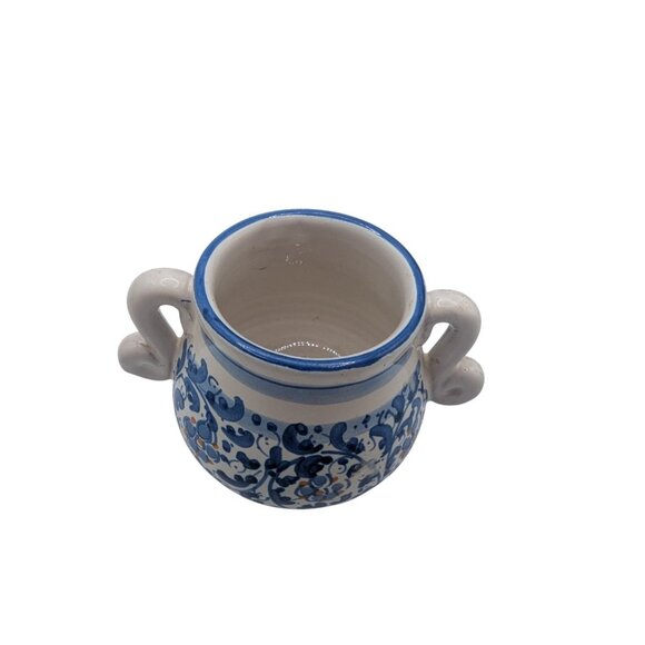 Hand-Painted Italian Pottery Sugar Bowl With Dual Handles & Blue Floral Design - Picture 2 of 9